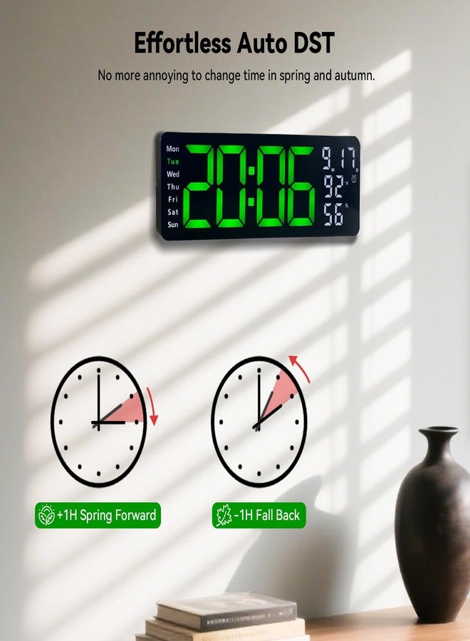 JUN-ELECTRON ساعة حائط رقمية بشاشة كبيرة، ساعة رقمية 17.3 بوصة مع جهاز تحكم عن بعد بألوان RGB، ساعة حائط كبيرة ذاتية التعتيم مع إضاءة ليلية، توقيت صيفي تلقائي، عرض التاريخ واليوم ودرجة الحرارة، مناسبة لتزيين المنزل، ومناسبة لكبار السن (أخضر) - Image 5
